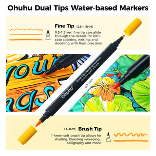 Ohuhu Water Based Brush & Fine Tips Art Markers with Bleed-Proof Coloring Book