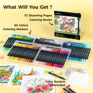 Ohuhu Water Based Brush & Fine Tips Art Markers with Bleed-Proof Coloring Book
