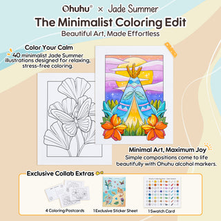 Ohuhu x Jade Summer Alcohol Markers & Coloring Book Set, 47 Colors + 1 Colorless Blender, Honolulu B, Brush & Fine Dual Tips